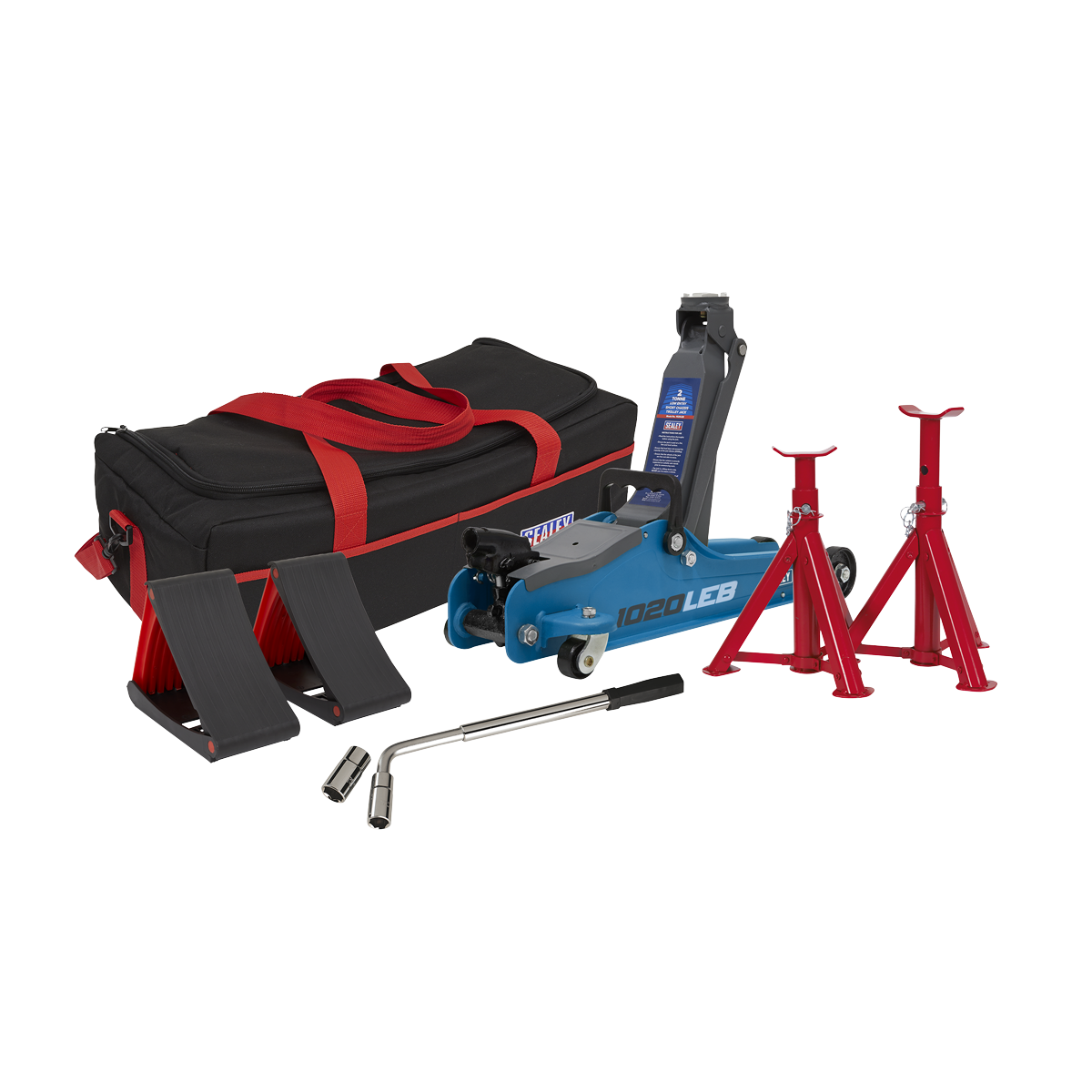 Trolley Jack 2 Tonne Low Entry Short Chassis & Accessories Bag Combo - Blue
