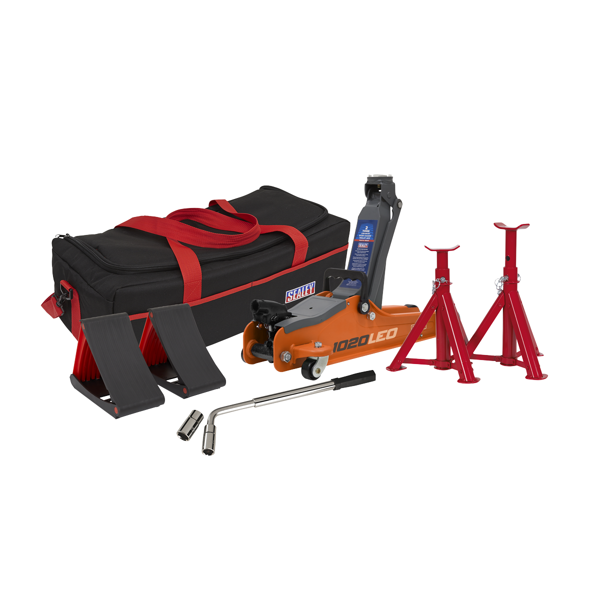 Trolley Jack 2 Tonne Low Entry Short Chassis & Accessories Bag Combo - Orange
